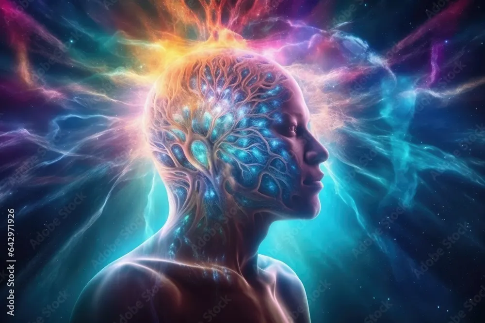 Illustration d’un visage de profil traversé de lumières, symbole de la conscience